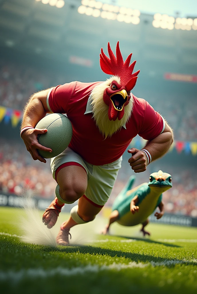 Angry muscular rooster dressed up in a red uniform running away with a rugby ball from an eel in a rugby stadium.