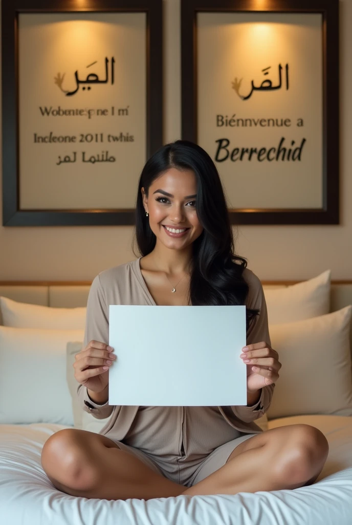 Une femme brune. Les cheveux raides, écartés ou assez écartés du cou, pas longs, de couleurs noirs. Une femme un peu volumineuse par sa forme physique. Assise dans une grande chambre d'hôtel, sur un lit de l'hôtel, souriante, la tête droite, le regard droit fixé vers l'avant, portant dans ses mains une grande photo qu'elle montre bien vers l'avant de sorte que la photo qu'elle montre soit un peu décollée de sa poitrine et derrière elle, accroché sur le mur, un tableau avec 2 écritures sur le tableau. L'une qui dit en langue arabe : Bienvenue à Berrechid et la deuxième en langue française qui dit : Bienvenue à Berrechid.