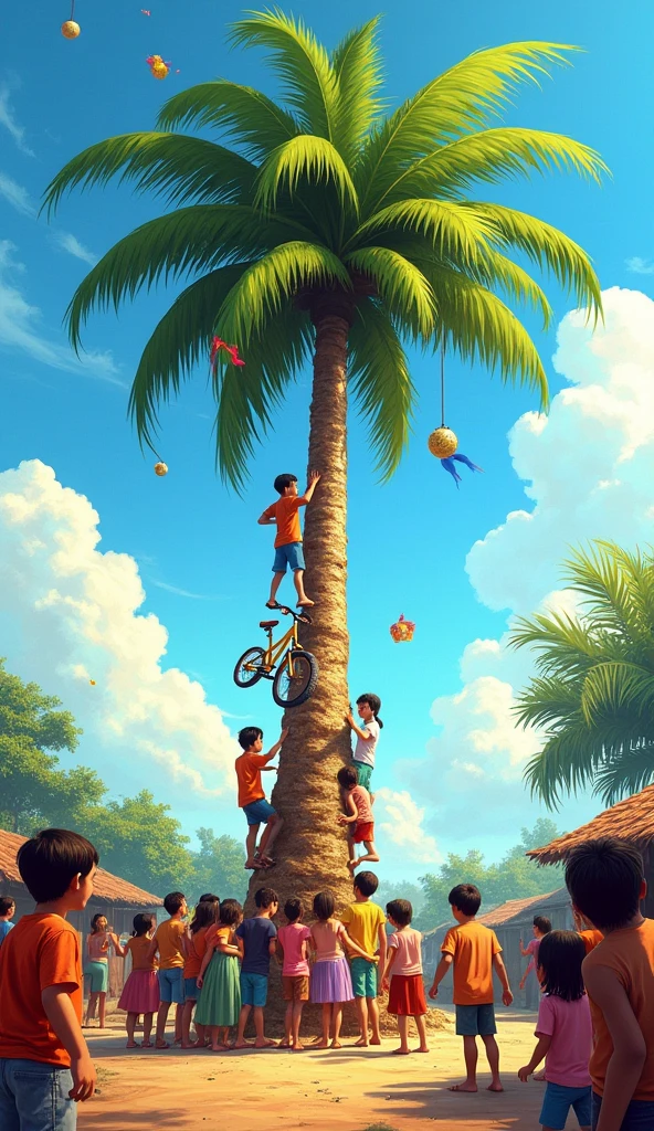 Areca Palm Climbing Competition: "A group of children and teenagers cheer around around a areca nut tree smeared with oil. At its top, interesting prizes hang, such as bicycles, buckets and small flags. The background is a bright blue sky with white clouds, and a few modest houses lined the distance."