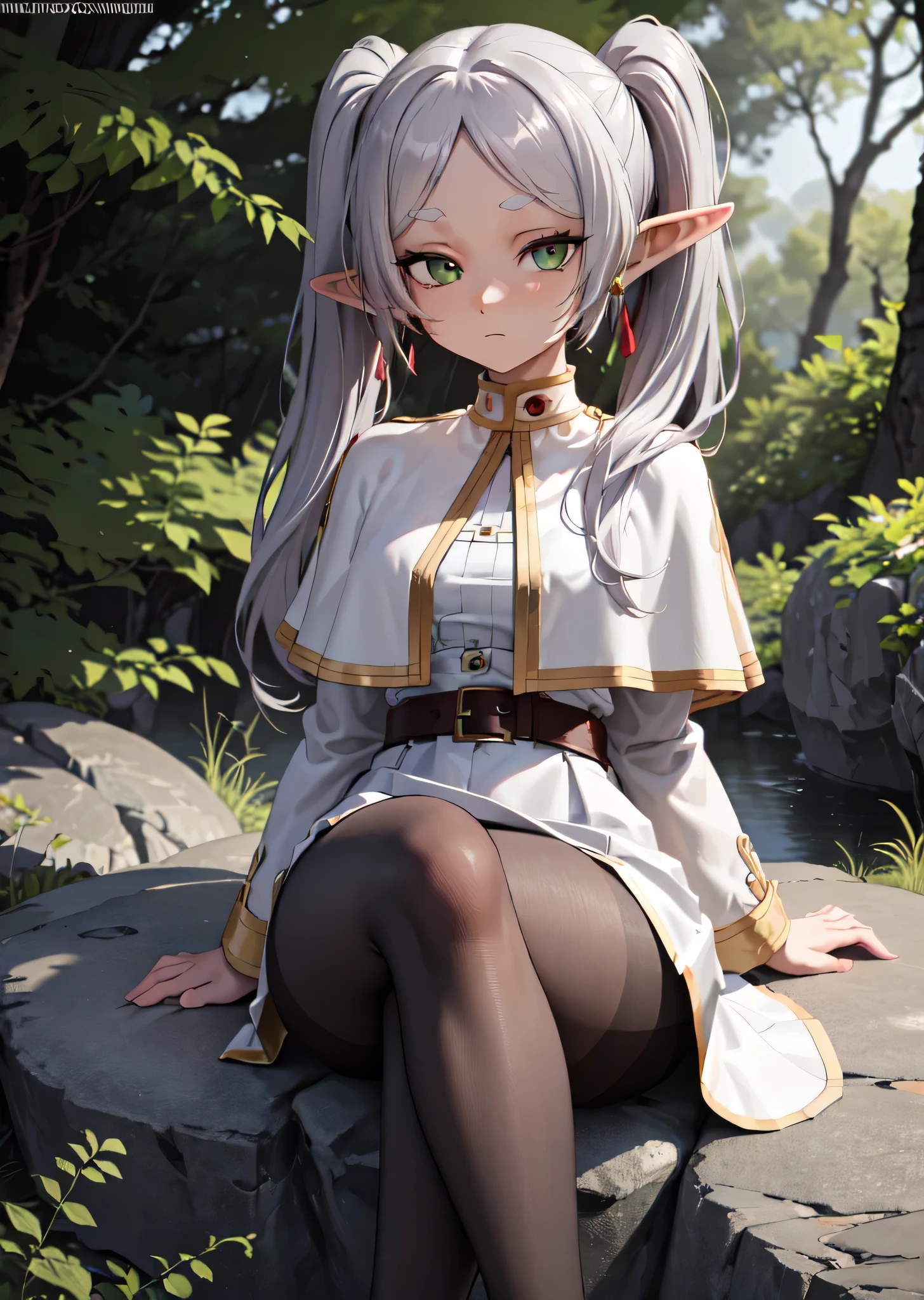 [FrierenBase], [Frieren], ((masterpiece)), ((HD)), ((High Res)), ((solo)), ((front view)), ((waist up)) ((detailed shading)), ((intricate details)), {(slim  figure), (smooth skin), (long white hair), (twintails), (elf ears), (curvy hips), (defined legs), (blank expression)}, {(red crystal earrings), (white capelet), (striped shirt), (horizontal stripes), (long sleeves), (brown belt), (white skirt), (gold-trim on skirt), (black pantyhose)}, {(sitting on rock), (crossed legs), (hands in lap), (looking at viewer)}, [ambient lighting, outdoors, forest, sun rays]
