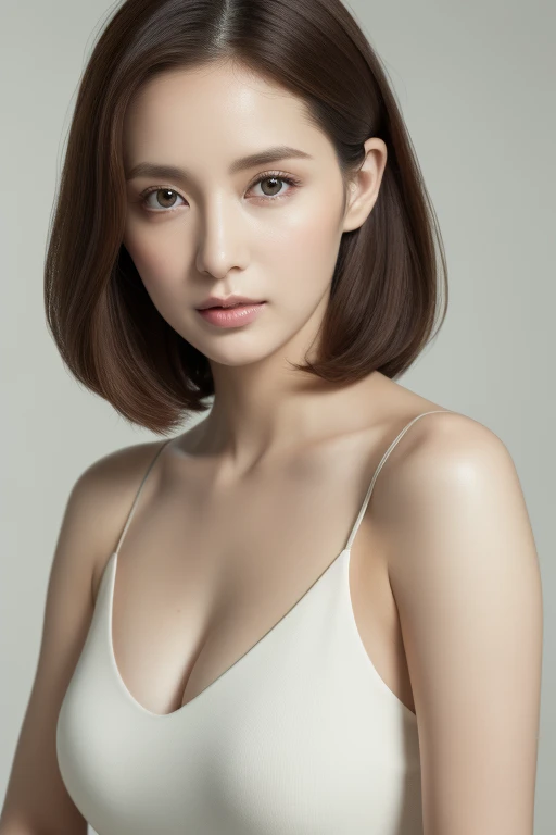 highest quality, masterpiece, High resolution, Photorealistic, Raw photo, 8k wallpaper, perfection, Professional Lighting, Very detailed, Depth of written boundary,Pale plain background, ((One beautiful woman)), ((33 years old)), Sexy Woman, Detailed face, Beautiful Eyes, Shapely small breasts, Light brown straight hair, Faint lips, ((Facing forward)), ((Look into the viewer's eyes)), Serious expression, sweater