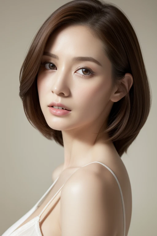 highest quality, masterpiece, High resolution, Photorealistic, Raw photo, 8k wallpaper, perfection, Professional Lighting, Very detailed, Depth of written boundary,Pale plain background, ((One beautiful woman)), ((33 years old)), Sexy Woman, Detailed face, Beautiful Eyes, Shapely small breasts, Light brown straight hair, Faint lips, ((Facing forward)), ((Look into the viewer's eyes)), Serious expression, sweater