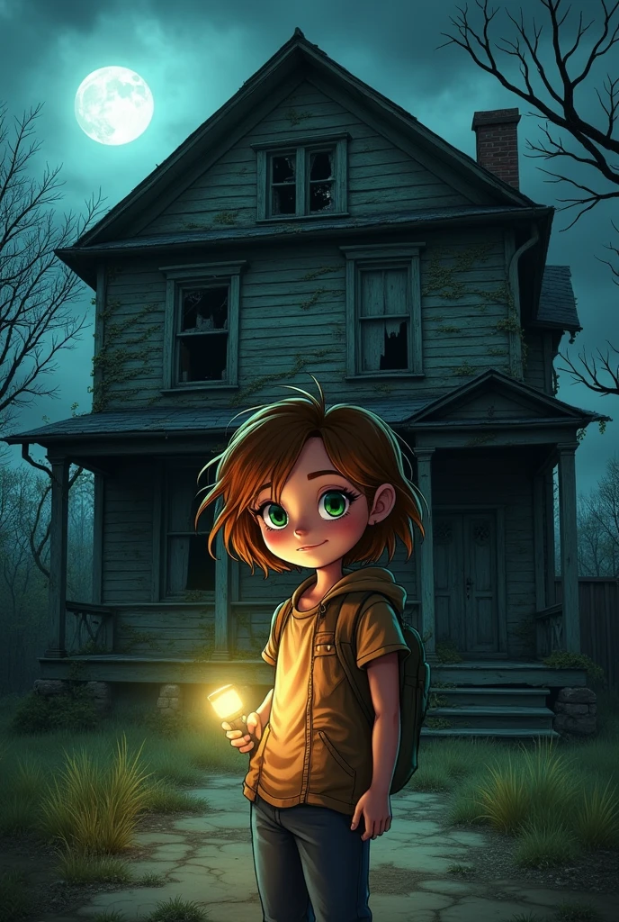 A brave named Emma, holding a flashlight, standing in front of the spooky house. Her face shows determination and curiosity as she prepares to enter the dark, mysterious house.