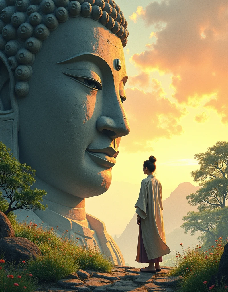 Design a scene of a person and the Leshan Giant Buddha Scenic Area. It can be of any style and artistic conception. There is some connection between the person and the Giant Buddha. The person is better to be a close-up, front or side, but the perspective light and shadow are reasonable