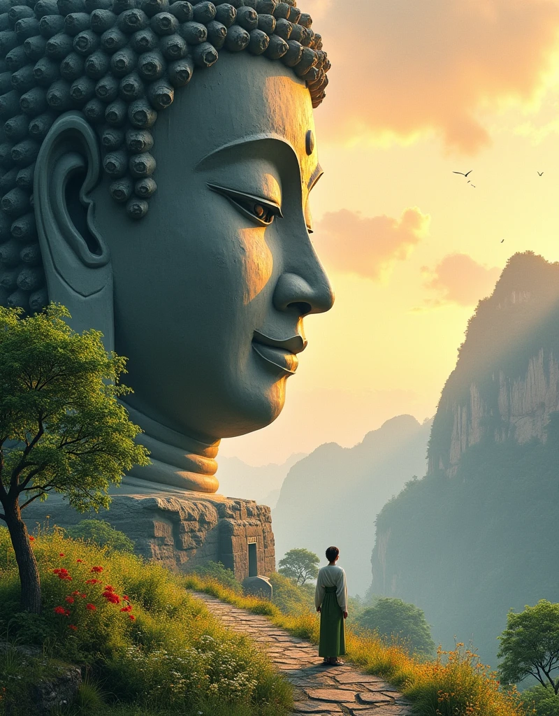 Design a scene of a person and the Leshan Giant Buddha Scenic Area. It can be of any style and artistic conception. There is some connection between the person and the Giant Buddha. The person is better to be a close-up, front or side, but the perspective light and shadow are reasonable