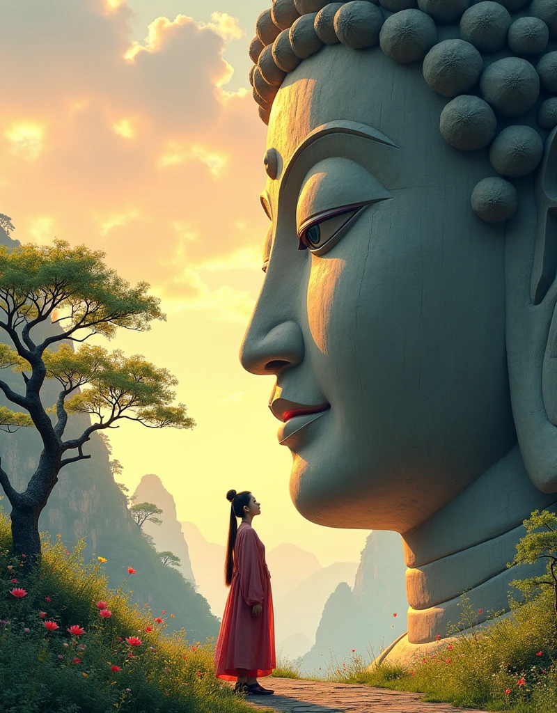 Design a scene of a person and the Leshan Giant Buddha Scenic Area. It can be of any style and artistic conception. There is some connection between the person and the Giant Buddha. The person is better to be a close-up, front or side, but the perspective light and shadow are reasonable