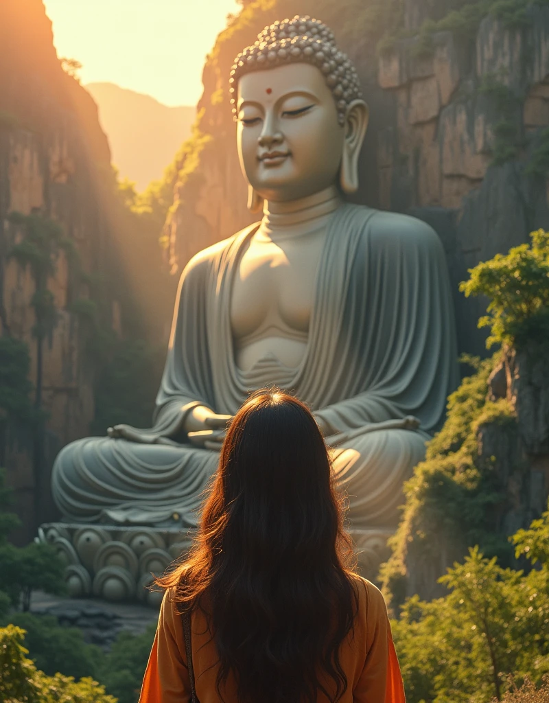 Design a scene of a person and the Leshan Giant Buddha Scenic Area. It can be of any style and artistic conception. There is some connection between the person and the Giant Buddha. The person is better to be a close-up, front or side, but the perspective light and shadow are reasonable