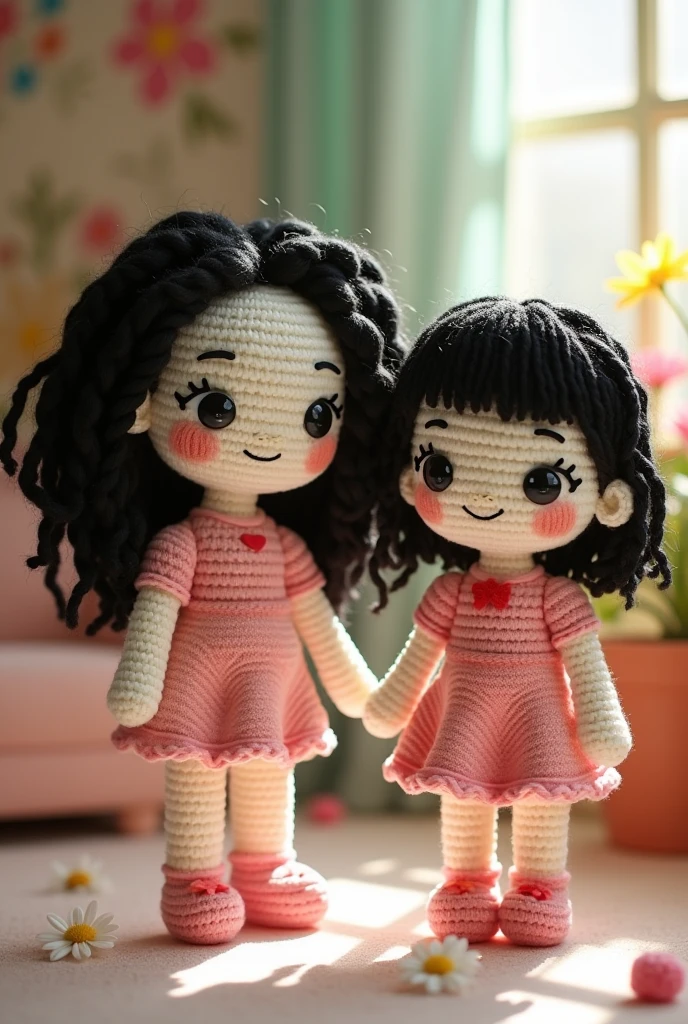 I want amigurumi crochet dolls that are 2 , one that is a girl with white skin, by the wide, negro, Wavy, with freckles and the other one that has short straight black hair, big eyebrows and white skin too