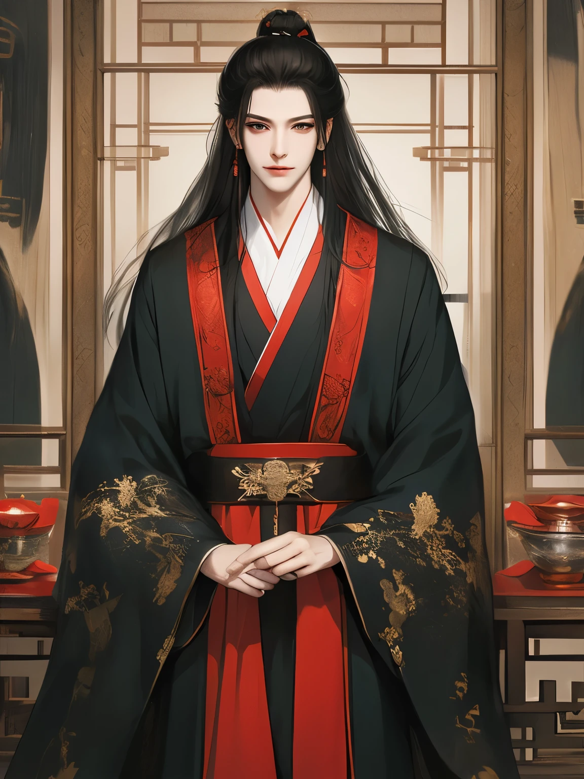 Best quality at best，tmasterpiece，16k,,a beautiful man，（Black Hanfu：1.5），asian architecture interior，Ancient Chinese court style，