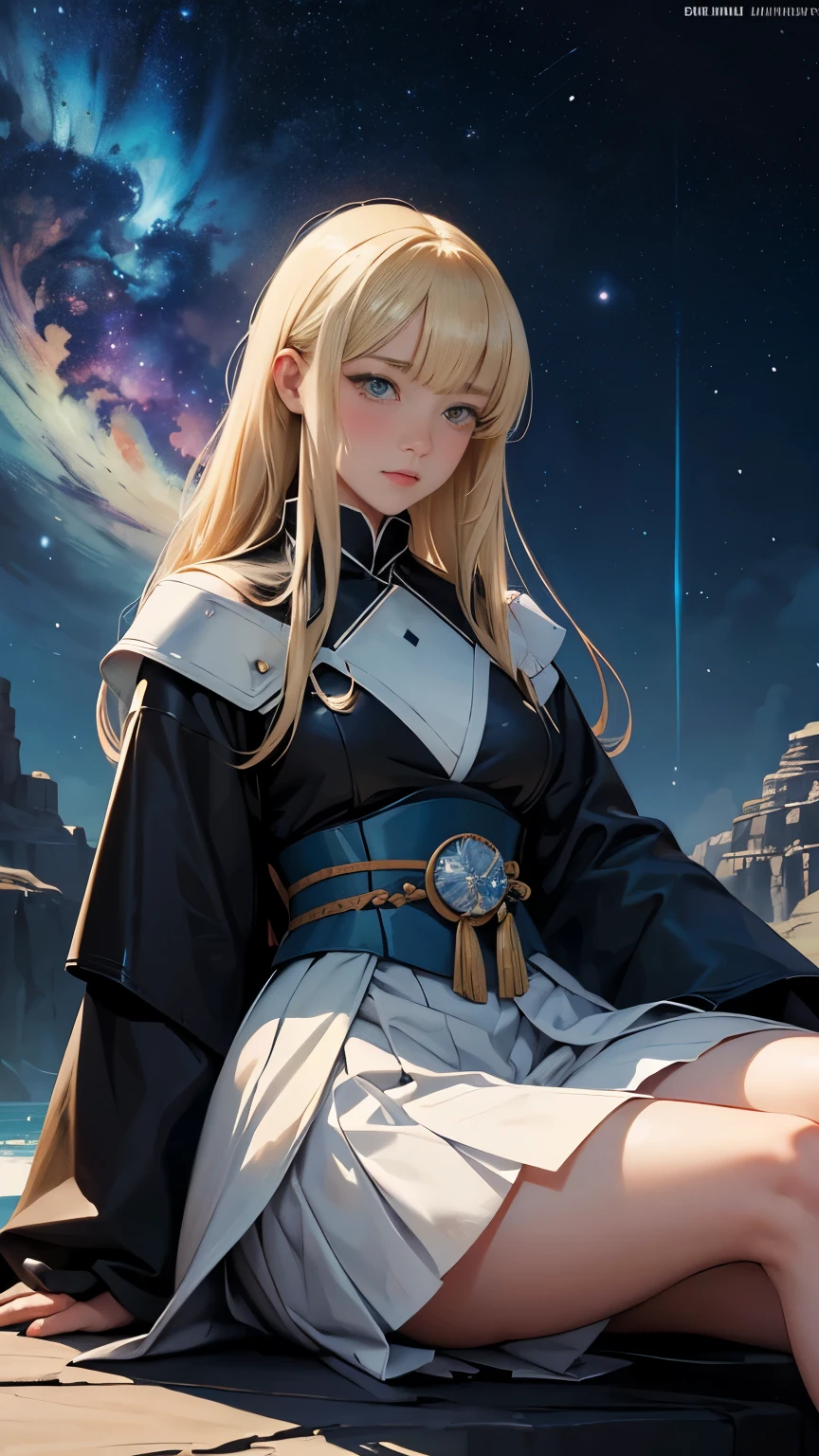 Mizuho Aimoto, Kay Nielsen, Kazuya Kuroda, Duilio Cambellotti, László Cseney Vuchetich, Surrealism, strange, bizarre, fantastical, fantasy, Sci-fi, Japanese anime, allegory and perspective, underground celestial observation, Milky Way, blonde miniskirt beautiful girl Alice, perfect voluminous body, detailed masterpiece Hyper realistic sharp focus cinematic lighting shy embarrassed wet blushing seducing sexy erotic looking at viewer zoom in cute coquettish real