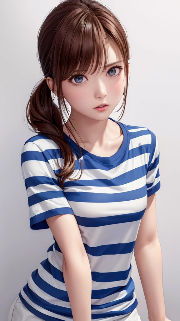 (((Cowboy Shot、oil、Pure white wall background、masterpiece、Highest quality、High resolution)))、Redhead、Side ponytail hair、(((I am wearing a blue and white T-shirt.)))、(((Striped T-shirt)))、Fashionable hairstyles、Loose and fluffy perm、Red cheeks、((No shadow、Frame In))、Cute Face、((Small breasts))、I am angry.、胸の前でArms crossedをしている、Angry expression、Arms crossed