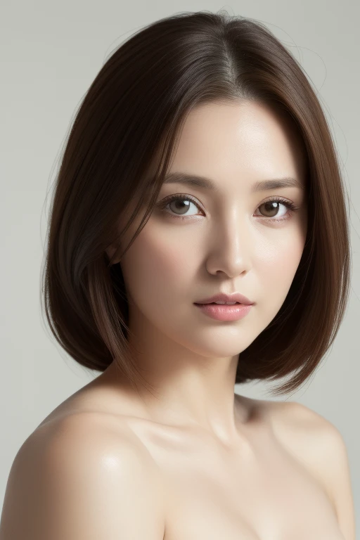 highest quality, masterpiece, High resolution, Photorealistic, Raw photo, 8k wallpaper, perfection, Professional Lighting, Very detailed, Depth of written boundary,Pale plain background, ((One beautiful woman)), ((33 years old)), Sexy Woman, Detailed face, Beautiful Eyes, Shapely small breasts, Light brown straight hair, Faint lips, ((Facing forward)), ((Look into the viewer&#39;s eyes)), Serious expression, sweater