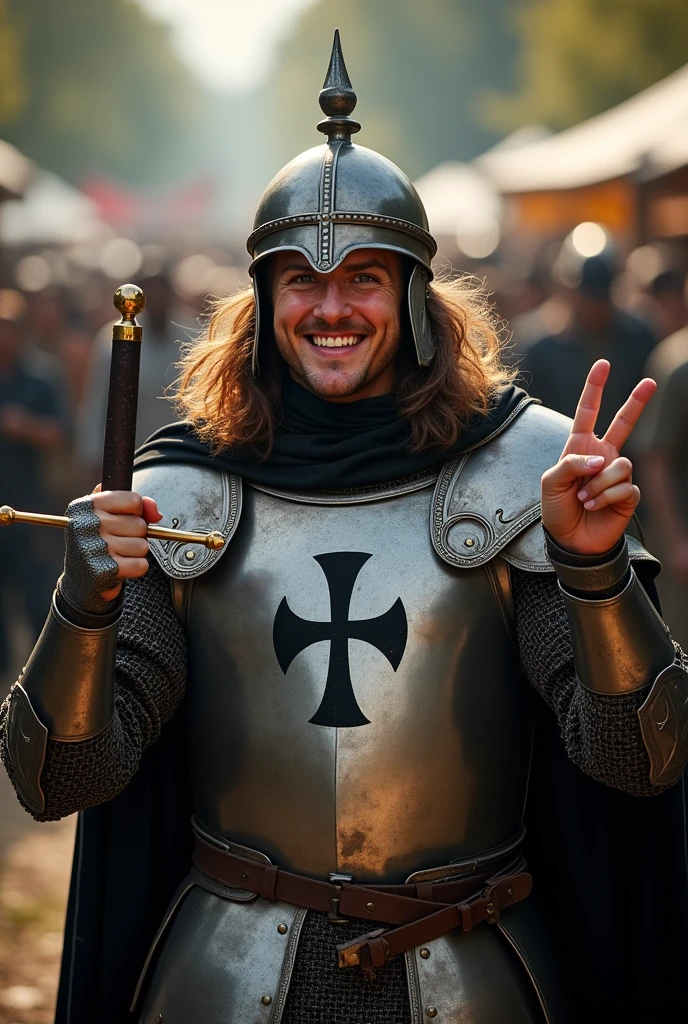 (((Selfie:1.3))), cinema shooting, standing pose, action pose,  12th century, One of the Teutonic Knights, (Germany man, 30 age-old, brown  hair, long hair, beard, mustache, big smile), male V sign , Cover the whole body in armor, , The handle is cross-shaped, It is decorated, ((He wears a cloak with a Black  cross on his chest)),  Accurate,  ((Anatomically correct,Surrealism, UHD, retina, accurate, anatomically correct, textured skin, super detail, high details, best quality, 8K))