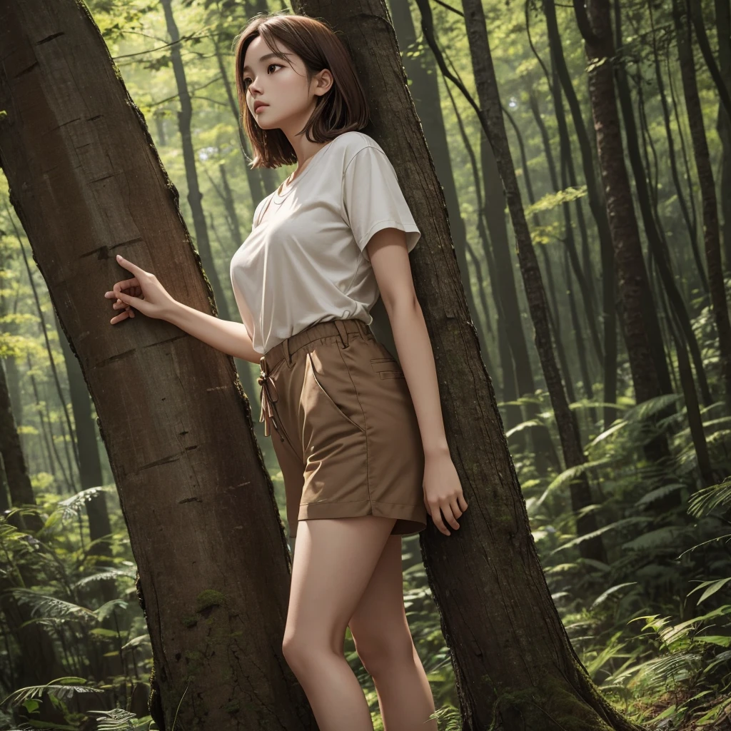 The scene depicts a single woman and a tree with a thick trunk"The woman is depicted from the chest up, reaching towards the large tree in front of her.。Her face is innocent and boyish、Soft young々It has unique features。Short natural brown hair is practical、It accentuates her slender and figure.。She is wearing simple, practical light brown shorts and a plain light brown shirt.、A natural earthy colour palette is used。Liora reached for the tree trunk.、The image depicts her touching something。In the background is a lush forest landscape.、The background is heavily blurred、
