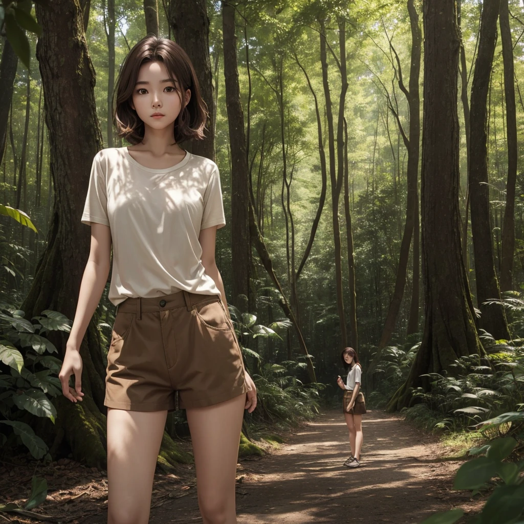 The scene depicts a single woman and a tree with a thick trunk"The woman is depicted from the chest up, reaching towards the large tree in front of her.。Her face is innocent and boyish、Soft young々It has unique features。Short natural brown hair is practical、It accentuates her slender and figure.。She is wearing simple, practical light brown shorts and a plain light brown shirt.、A natural earthy colour palette is used。Liora reached for the tree trunk.、The image depicts her touching something。In the background is a lush forest landscape.、The background is heavily blurred、