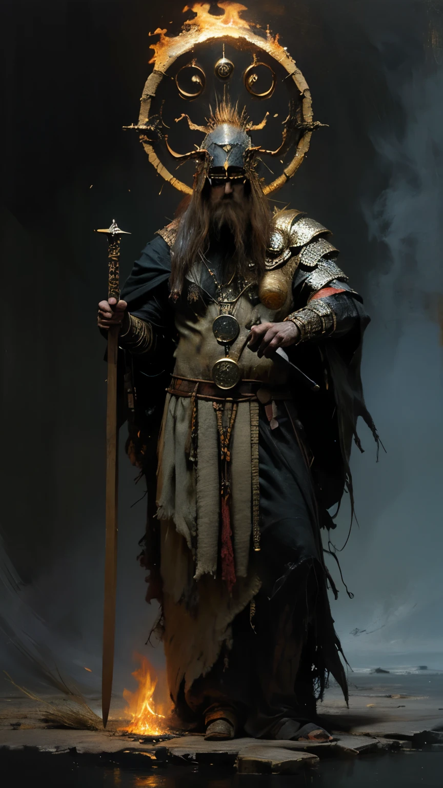 Perfect balance, Anatomically correct, (Creation myth: 2.0), (Norse Mythology World: 1.6), Highly stylized, Mutation Art, masterpiece, Very detailed, Fine particles, expressive Fine particles, Fine pupils, Futuristic, ((Zero Generation Fantasy)), ((Flame Beard, Flame Hair)), Artifact Heavy Armor, (Fire Giant:1.4), Full body portrait, Ink punk, Fantasy Art, Billing equipment, Neo-Victorian, Ink punk, Paint tray, Ink splatter, (Action poses:1.0), ((Wields a long flaming sword)), Ragnarok, Revelation,