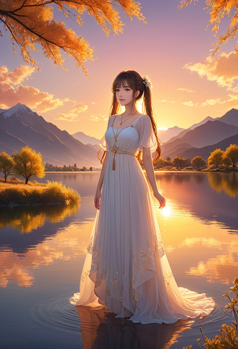 1 female, Calm expression, Attractive eyes, length_Twin tails, Floating Dress, Maintain a balanced posture, Porcelain-like skin, A faint blush, Crystal Pendant BREAK Golden Hour, (Rim Light):1.2, Warm colors, Solar flare, Soft Shadows, Vibrant colors, effect, A dreamlike lake, Distant Mountain々, willow, Calm water, reflection, Sun shining clouds, Peaceful atmosphere, Beautiful sunset, Very detailed, Official Art, unity 8k wallpaper , Tangled, Mandala