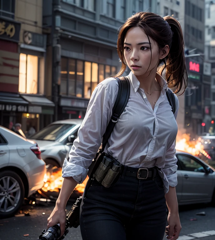 (Photorealistic、Live-action version、masterpiece、high resolution:1.4)、War correspondent photo、line、Female Soldier、ride in an armored car、Fully equipped、Fully Armed、armored troops、Hold a machine gun、scout team、The most beautiful woman、ponytail、Exquisite face、日本人のFemale Soldier、In combat、Adrenaline、Between life and death、Desperate look、Active Shot、Dynamic Shot、War dead、explosion、cigarette、Broken Building、Destroyed city