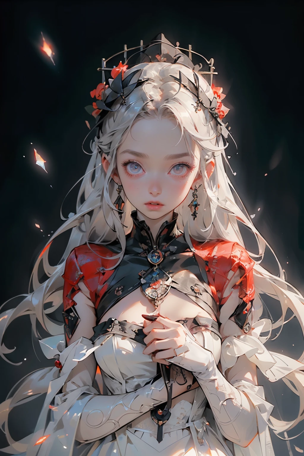 ((best quality)), ((masterpiece)), (detailed), perfect face, ((best quality)), ((masterpiece)), (detailed), perfect face(Golden ratio:1.2),(Fault color:1.3),[(White background:1.4)::10], (full bodyesbian:1.2),(Ultra-detailed:1.3), （white color background）white background, plain background, teens girl，White hair，Red glowing eyes, photorealestic,（（（Red and white trench coat））），（Red scarf)，a black pleated skirt，black t-shirts，longer sleeves，（（With a hood）），side-lighting, NSFW, Depicting female characters from ethereal anime in a high-quality anime art style，，，8K，Red and white shoes with a sense of technology，(chaotic geometric images:1.3),(nagative space:0.8), (ether colorful ink flowing:1.3), a knight, white background, plain background, Bloodborne inspired, tatty Bloodborne attire, occult aesthetic, occult, tatty red and white clothing detailed and intricate steampunk and detailed gothic lolita (with a hood), long coat, Complex laced boots, Fluttering lace flared long knee length dress with frilly petticoats, long dress, knee length dress, pleated petticoats, lolita dress, petticoats gothic lolita, beautiful small breasts, (((( Highly detailed face))), small thin nose, Small thin lips mouth, (((Very sharp focused eyes))), Very large slit precision pale grey eyes that shine like jewels. very long eyelashes, Silver hair swaying in the wind, Emitting a dazzling light in a mandala pattern, white background, Very dramatic and cinematic lighting, tatty damaged old red and white clothing, full body, whole body, body, cosmic horror, grim dark