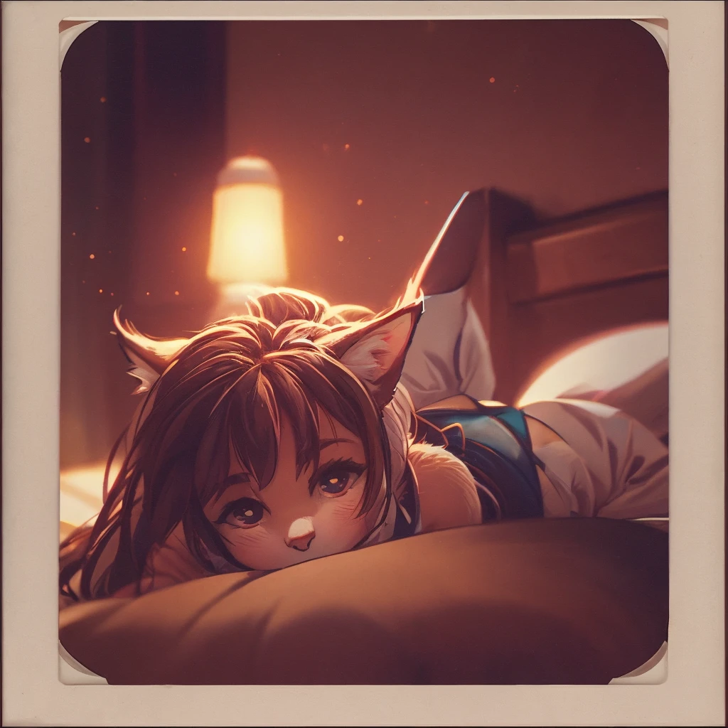 (Sumilux f1.4 36mm , Polaroid , low Latitude old color negative film , cross process , (bokeh), Long exposure , blur , flare, chromatic aberration , (soft focus), (Shallow focus) , soft glow , Maximum aperture, low Key , Transparent depiction , Tyndall:1.3) , Intoxication female cat , Blank look , in the bedroom , dim light , messy underwear , bend over