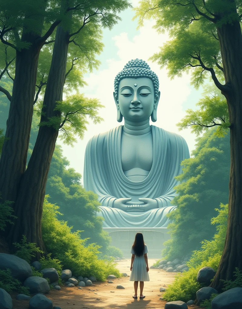 Design a scene of a person and the Leshan Giant Buddha Scenic Area. It can be of any style and artistic conception. There is some connection between people and the Buddha. The characters are close-up, front or side, but the perspective light and shadow are reasonable