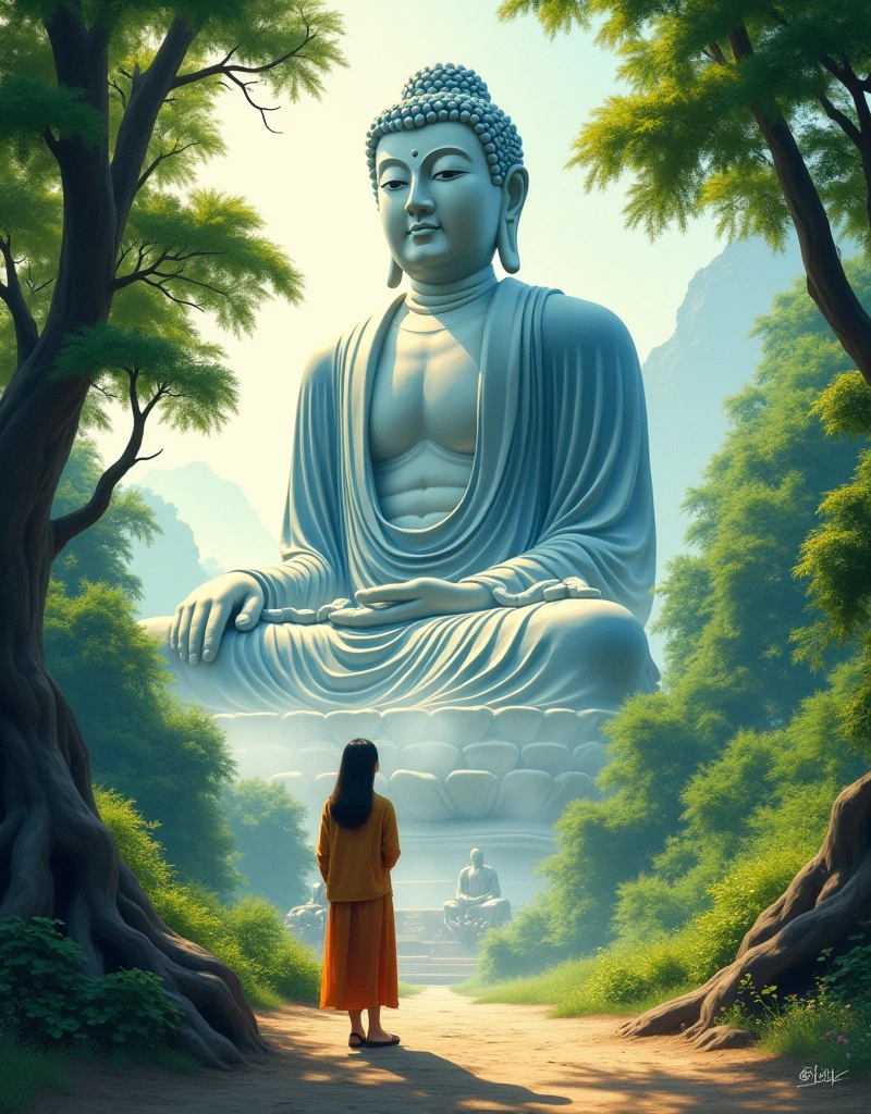 Design a scene of a person and the Leshan Giant Buddha Scenic Area. It can be of any style and artistic conception. There is some connection between people and the Buddha. The characters are close-up, front or side, but the perspective light and shadow are reasonable