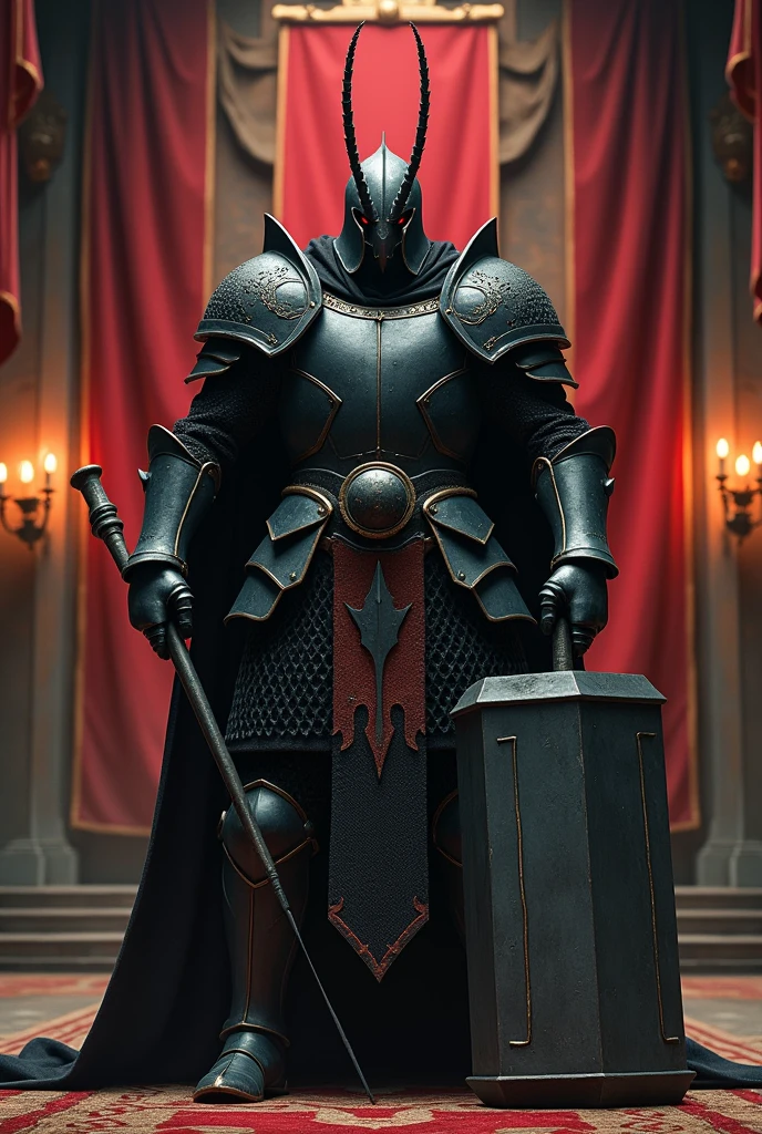 A big man, with broad shoulders in a grand medieval armor of black color. Holding a war sledgehammer made of gray steel, dull He is wearing a helmet with two thin ant antennas, The helmet is also black.
The background of the image is a red hall
