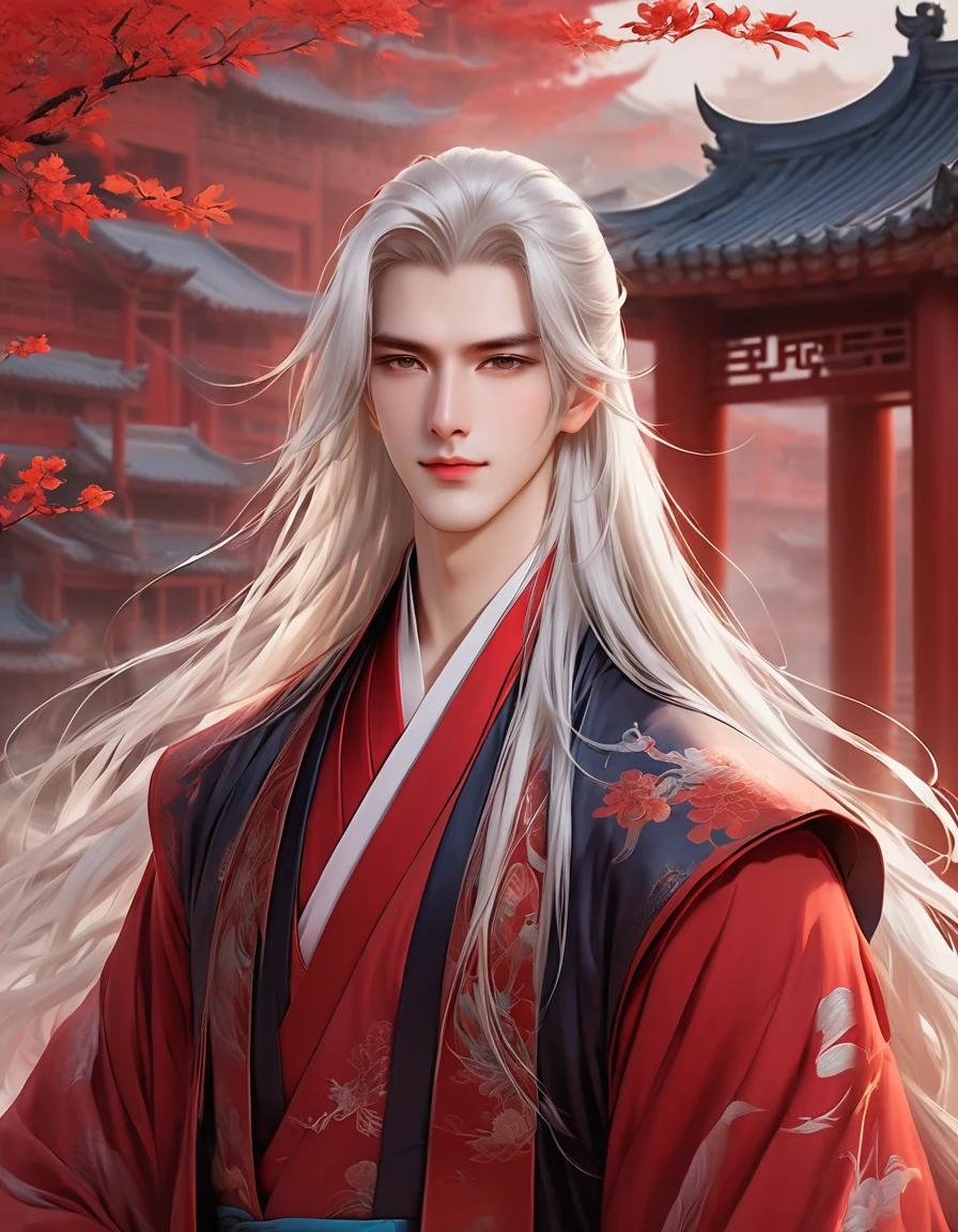 A stunning avatar of an anime male with long hair, Hanfu, Chinese style background, Exquisite facial features, Handsome and majestic, white hair，Brilliant colors, red theme, High resolution, Perfect details.