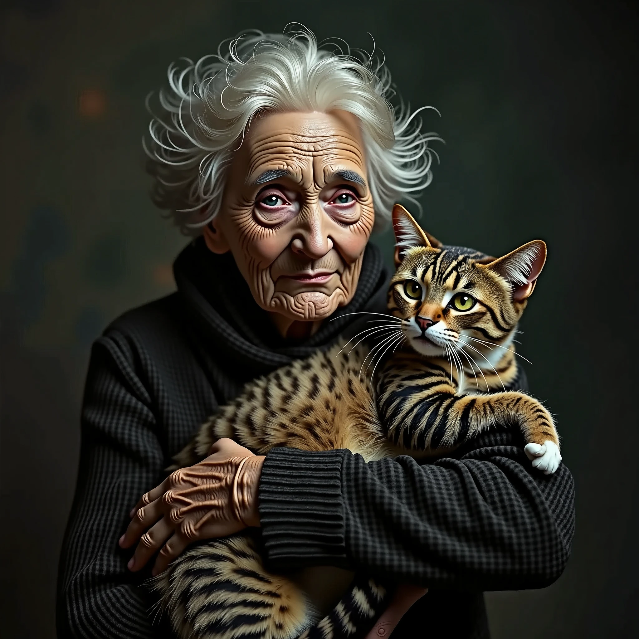 An old woman holding a cat
Scary