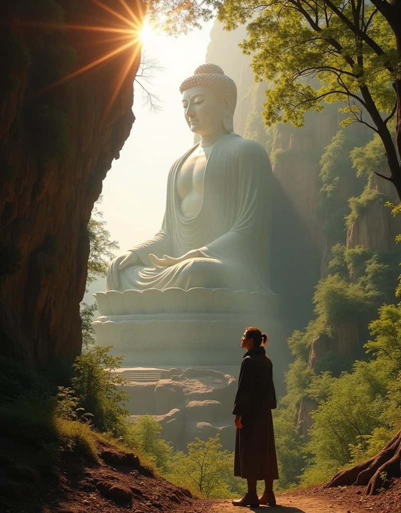 Design a scene of a person and the Leshan Giant Buddha Scenic Area. It can be of any style and artistic conception. There is some connection between people and the Buddha. The characters are close-up, front or side, but the perspective light and shadow are reasonable