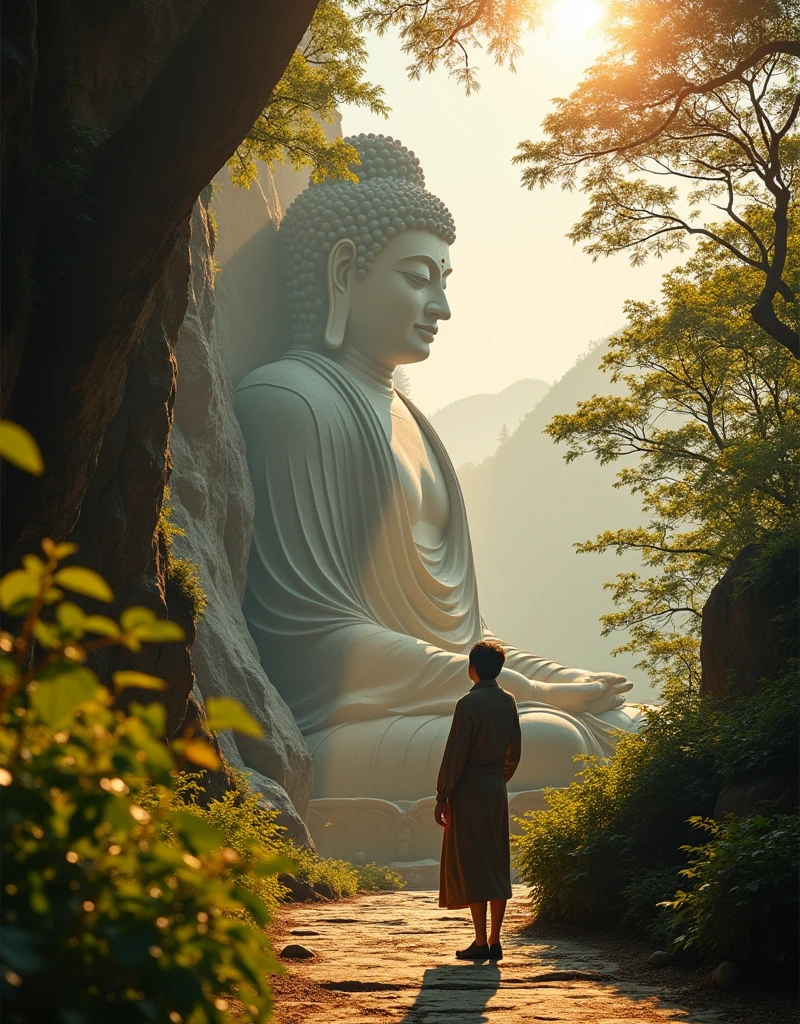 Design a scene of a person and the Leshan Giant Buddha Scenic Area. It can be of any style and artistic conception. There is some connection between people and the Buddha. The characters are close-up, front or side, but the perspective light and shadow are reasonable