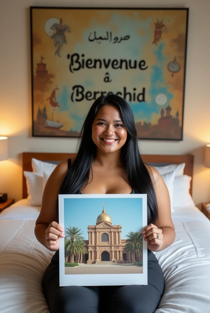 Une femme brune. Les cheveux raides, écartés ou assez écartés du cou, pas longs, de couleurs noirs. Une femme un peu volumineuse par sa forme physique. Assise dans une grande chambre d'hôtel, sur un lit de l'hôtel, souriante, la tête droite, le regard droit fixé vers l'avant, portant dans ses mains une grande photo qu'elle montre bien vers l'avant de sorte que la photo qu'elle montre soit un peu décollée de sa poitrine et derrière elle, accroché sur le mur, un tableau avec 2 écritures sur le tableau. L'une qui dit en langue arabe : Bienvenue à Berrechid et la deuxième en langue française qui dit : Bienvenue à Berrechid.