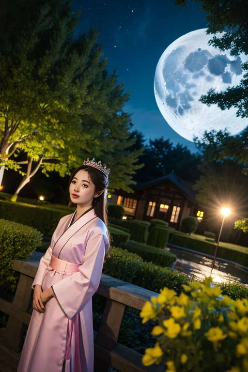 best quality, high_resolution, distinct_image, detailed background ,girl, hanbok,flower,garden,moon, night,dutch angle, wide shot, crown,