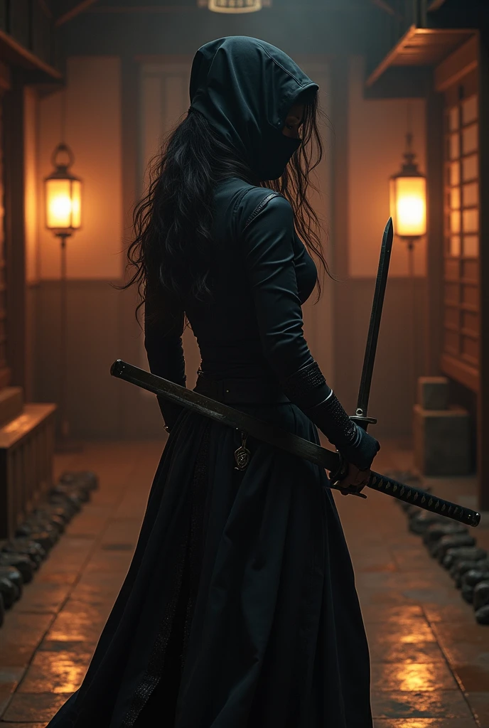 The female ninja beheaded the pervert.
