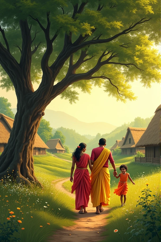    Create an image of a serene, rural village with traditional houses surrounded by lush greenery. Show a small family—Sunitia and Ravi—with their , enjoying the peaceful countryside