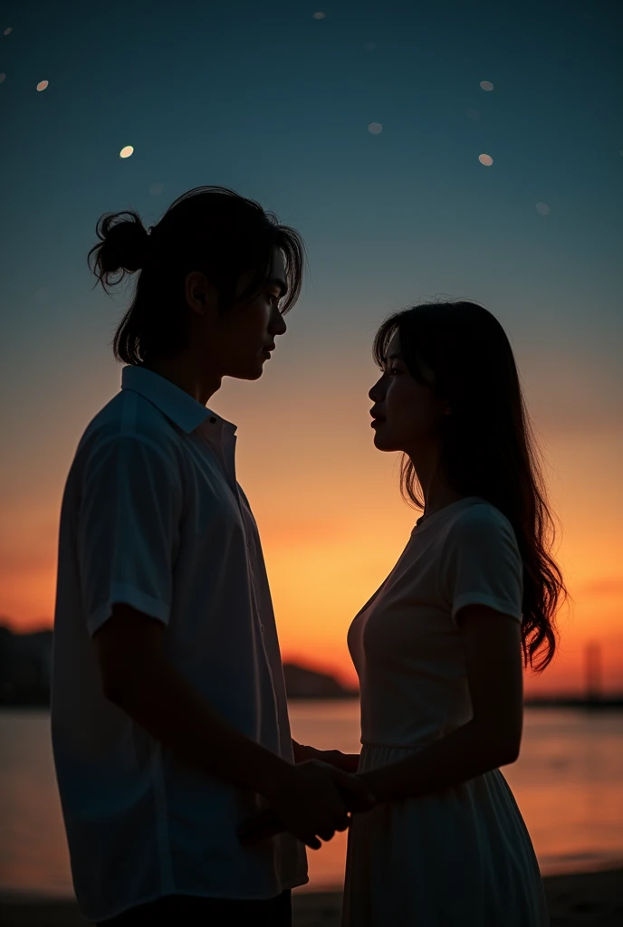 A stunning photograph of korean man had a shoulder length hair tied up and Leaving bangs, he is Holding hands with young woman. Warm beach setup wonderful night, shoted dimmed light with 150mm lens, perfect ratio photo