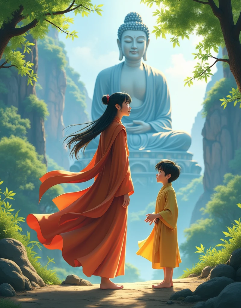 Design a scene of a person and the Leshan Giant Buddha Scenic Area, animation style, artistic conception, people and the Buddha have some connection, the characters are close-up, front or side, but the perspective light and shadow are reasonable