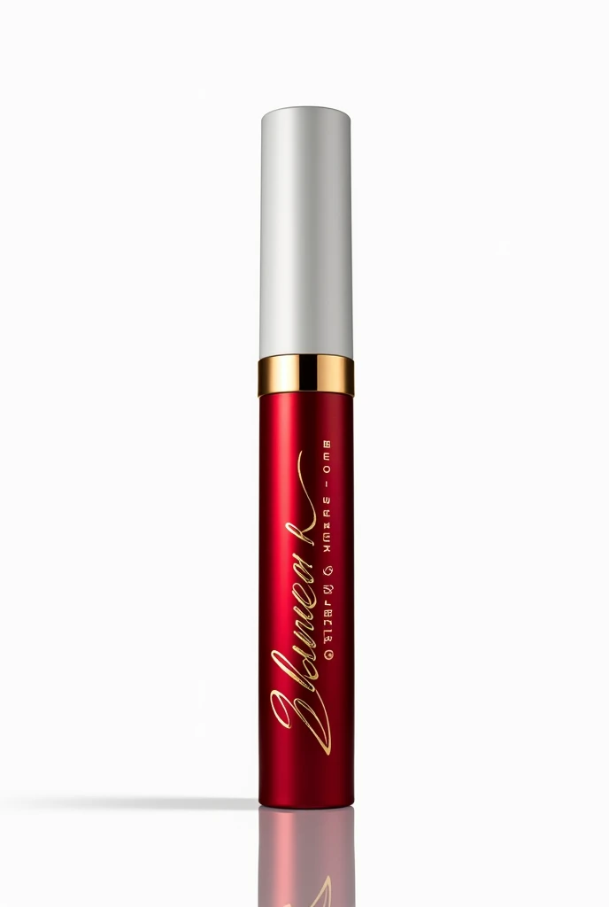 Create an image of a mascara with a gold and white cap.. The base should be red and the packaging should display an elegant label with the brand name Glamour Express. Empty transparent white background