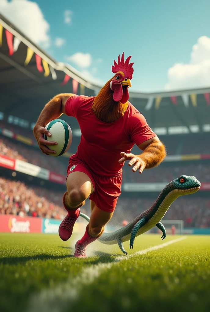 Angry muscular rooster dressed up in a red uniform running away with a rugby ball from an angry marine snake eel in a rugby stadium.