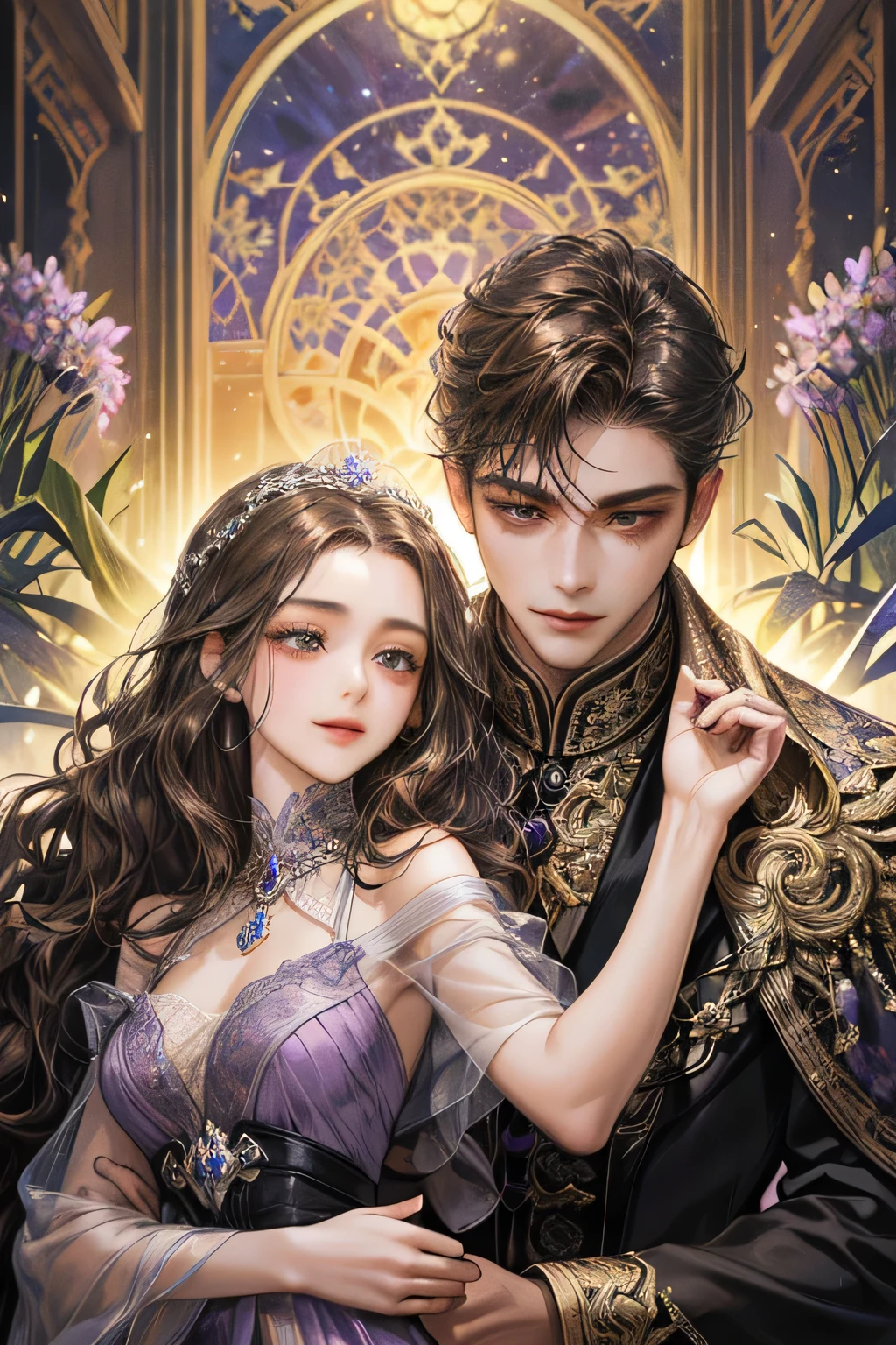 Couple, surounded by lavender flower, purple suit, smile, quiet and charming, masculine and delicate face, extreme detailed face, super detailed eyes, detailed hand and body, black eyes, 4K ultra, swept dark brown wavy hair, gown, javanese style, accurate, detailed