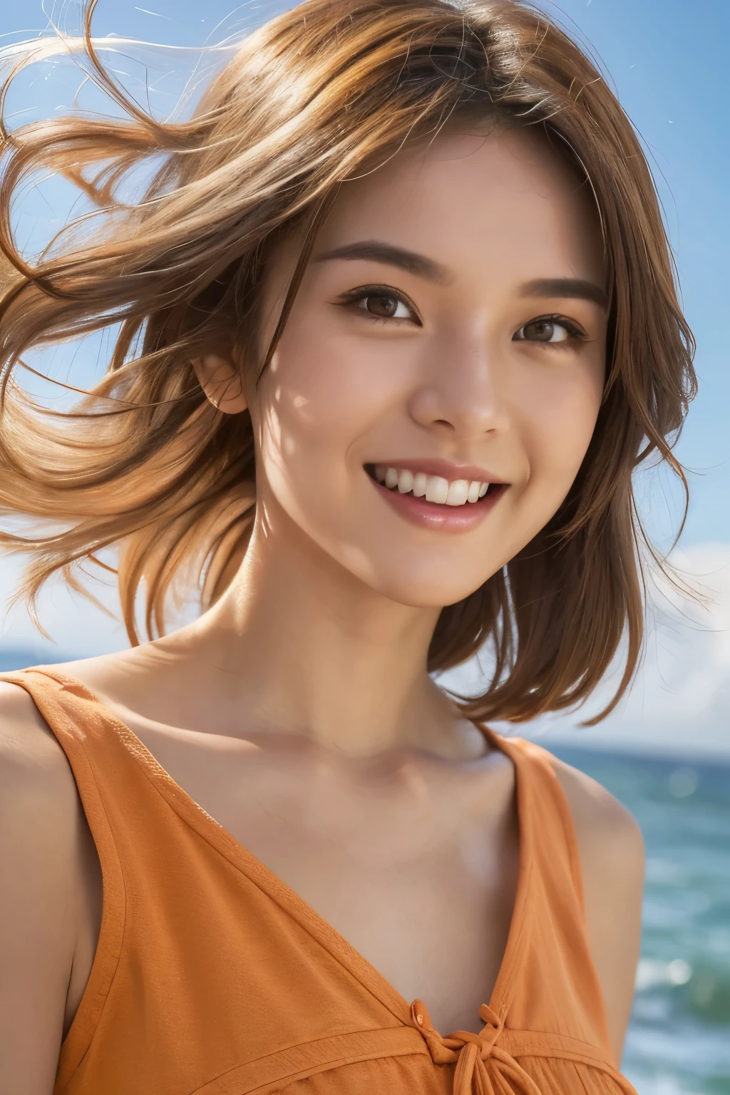 realistic, photogenic, close-up shot, with the sea in the background, wearing orange swim wear, exposed at chest, medeum-length hair, hair color mixes bronde and white, hair is blowing in the wind, hair is shaggy and dishevelled, very sunburned and tanned skin, medium build a little bit chubbily figure, small breasts, no makeup, small mouth, small nose, smooth shaped jawline, glossy face, heavy flushed cheeks, big smile while open mouth, flirting, having a great time, detailed eyes, slanted eyebrows, detailed lips, photorealistic, highly detailed, 8k, best quality, masterpiece, vibrant colors, dramatic lighting, cinematic composition, digital art