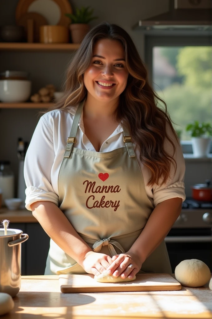 a curvy 25-year-old girl is making dough, wearing an apron with the inscription "Manna Cakery" with a background of a modern oven and other bakery equipment. Photography ,16k ,hyperrealistic