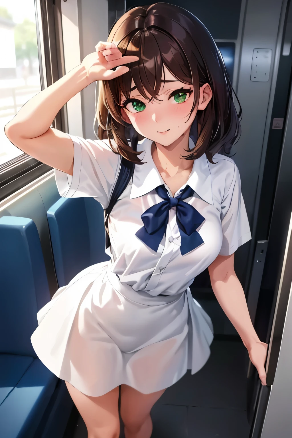 ((masterpiece, Highest quality, High resolution, 超High resolution, Pixel perfect, Written boundary depth, 4K, RTTX 10.0, High resolution))), 1 person, single, alone, Beautiful Anime, Beautiful art style, Anime characters, ((Shortcuts, bangs, Dark brown hair)), ((Green Eyes:1.4, Round eyes, Beautiful eyelashes, current eyes)), ((Smooth texture:0.75, Anime CG style)), ((Dynamic Angle, close)), Perfect body, (cute), Normal chest, whole body, ((4K, 8k, Highest quality, Perfect Fingers: 1.3, Perfect Anatomy: 1.3, Background Blur)), whole bodyアングル, Illustration of someone commuting by train in the heat, OL, The character is wearing a white shirt and a navy blue skirt., He is sweating and looks a little tired., Wiping sweat with a handkerchief, The background shows the inside of a crowded train., The strong summer sunlight is shining outside the window., The overall scene conveys the heat of summer and the difficulty of commuting.