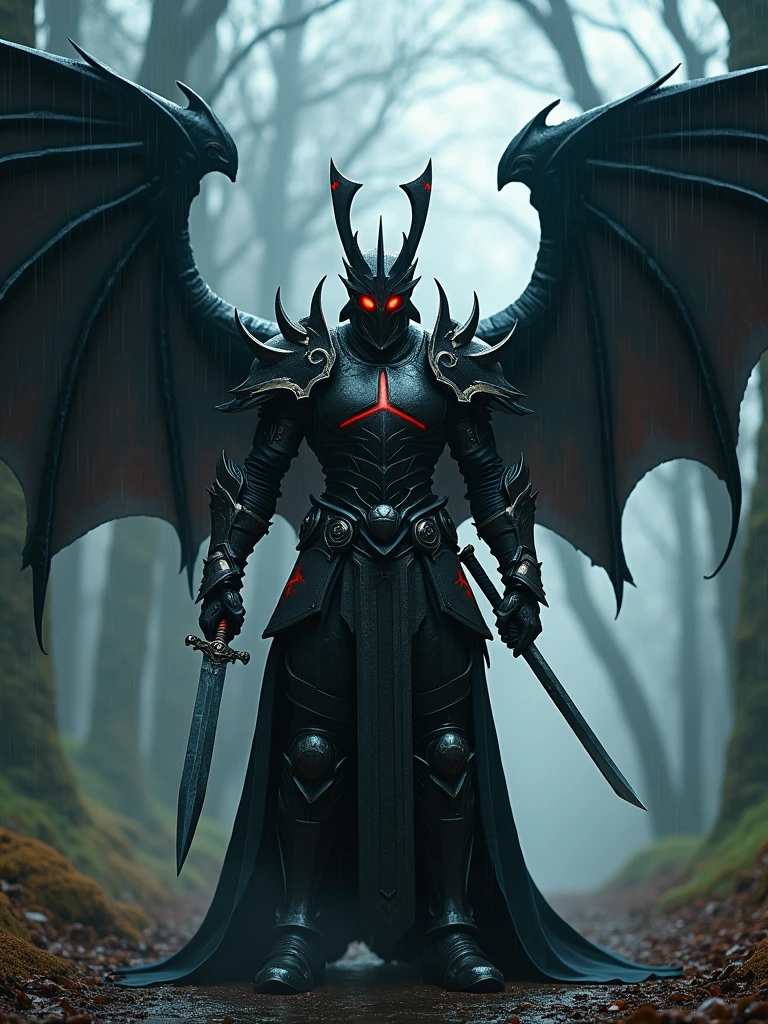 Create a detailed scene of a dark armored warrior in a fantasy setting. The warrior is clad in heavy, dark, and menacing armor with red accents and glowing red eyes. He has a large, spiked helmet and carries a katana in one hand and a dagger in the other. His armor is intricately designed with sharp edges and metallic details. The character has large, black, feathered wings extending from his back. The background features a misty, shadowy forest with tall, dark trees. The atmosphere should feel ominous, with rain lightly falling, and the ground reflecting the surroundings. The overall tone should be dark and intense, emphasizing the warrior's power and the eerie environment