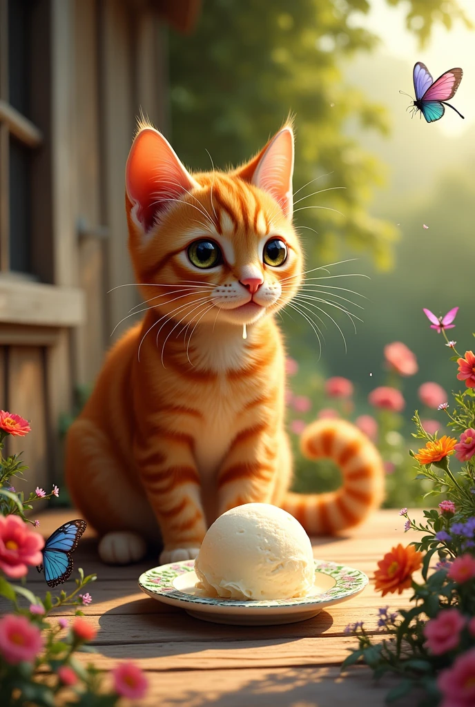 A ginger teenage cat with white and green spots on its whiskers, with white drops of ice cream hanging from them, sits on the porch of a rural house.,, A painted saucer stands on the floor in front of the cat., There is one melted ball of white ice cream in the saucer, The sun is shining outside, There are flowers growing near the porch, over which colorful butterflies and a dragonfly hover