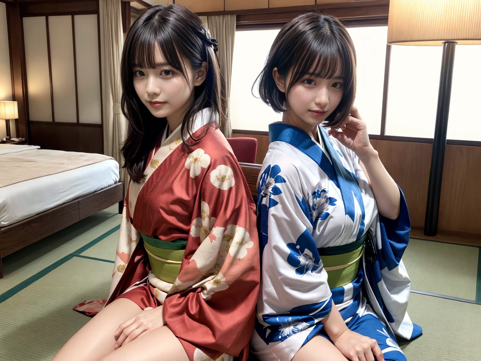 masterpiece, best quality, illustration, Super detailed, fine details, High resolution, 8K,wall paper, perfect dynamic composition,(Details High quality, realistic depiction of eyes:1.3), (2 girls), (idol, kimono:1.3), short bob hair, huge breasts, black hair color, Big Natural Color Lip, bold sexy pose, crying a little、Harajuku style、30 year old girl、cute type、lolita、beautiful legs, hotel room, hposing Gravure Idol