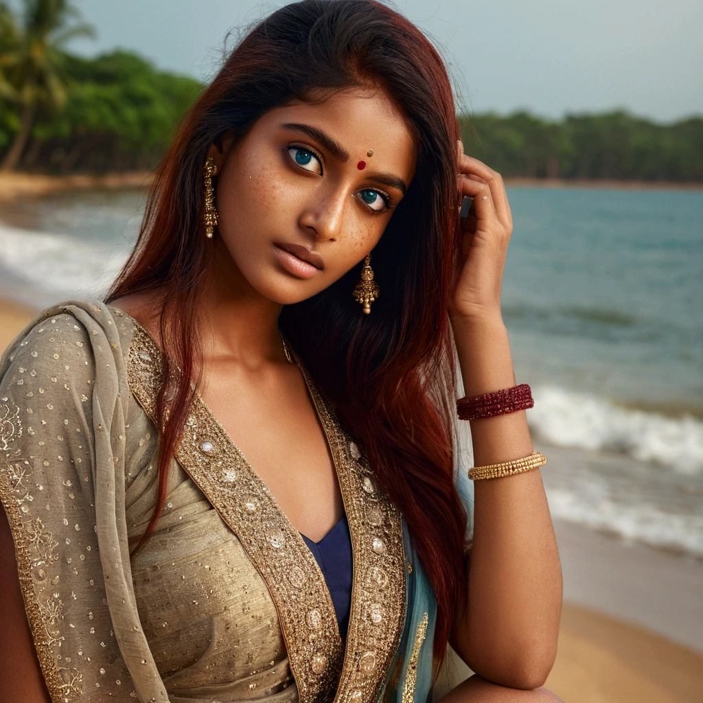 South Indian model beautiful hyper realistic flawless fair complexion perfect body light freckles on the face red hair sparkling blue eye close up look photo realistic 