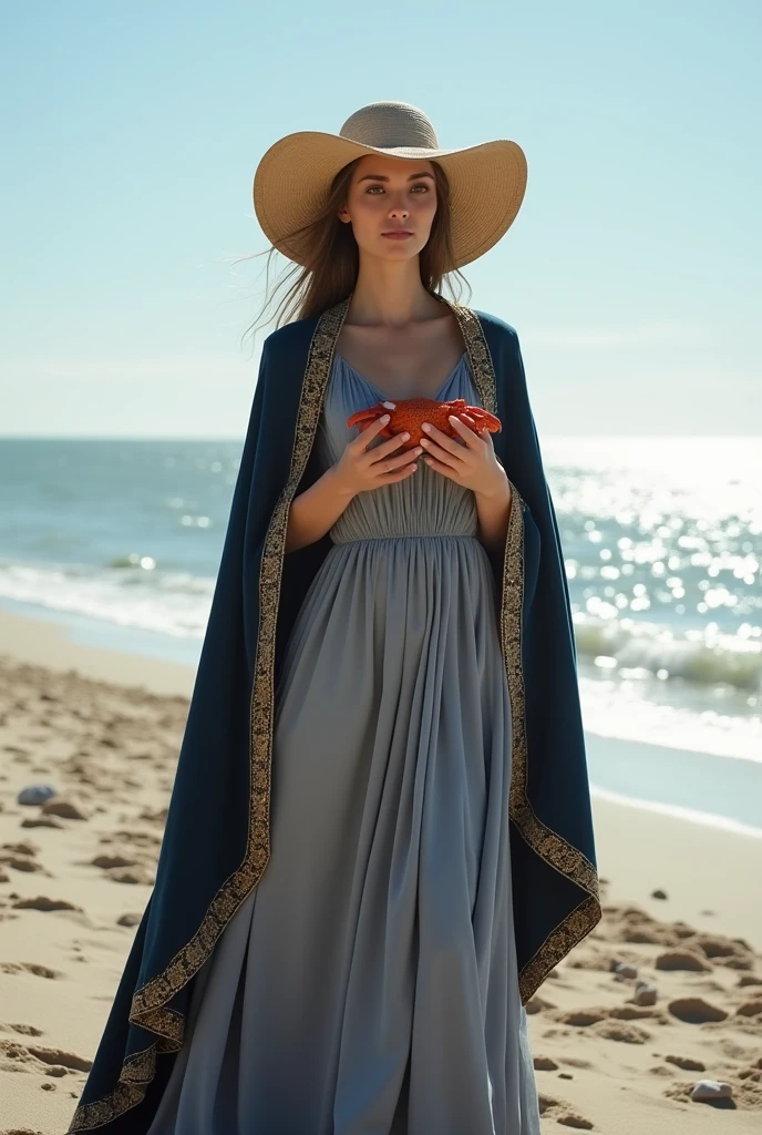 a woman wearing a wide brim hat, a long gray dress and a dark blue cape with golden hem. she is holding a crab