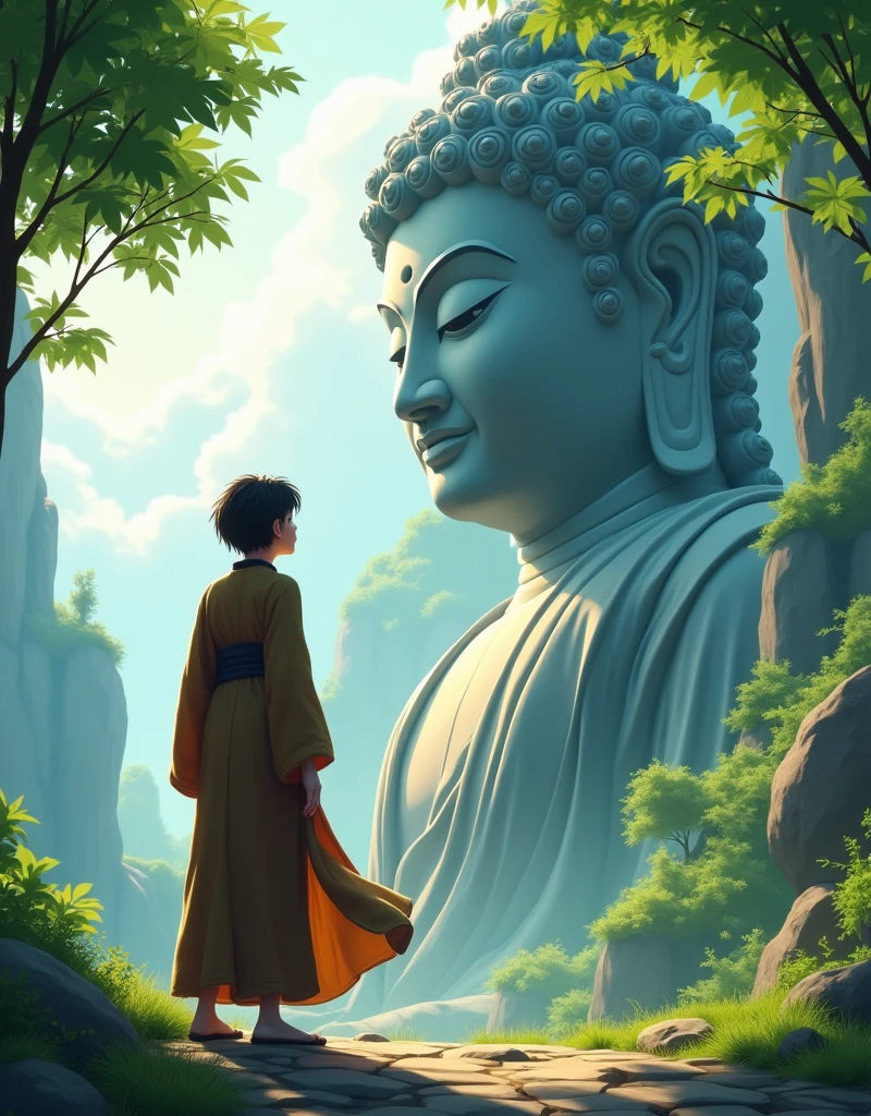 Design a scene of a person and the Leshan Giant Buddha Scenic Area, animation style, artistic conception, people and the Buddha have some connection, the characters are close-up, front or side, but the perspective light and shadow are reasonable