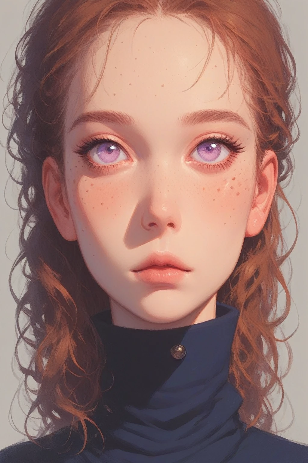 score_9, score_8_up, score_7_up, score_6_up, score_5_up, score_4_up, 1girl, portrait, soft features, long hair, large eyes, lavender eyes, freckles, pursed lips, auburn hair, high collar, long sleeves, looking at viewer, blu3s, sinozick style, Expressiveh, 